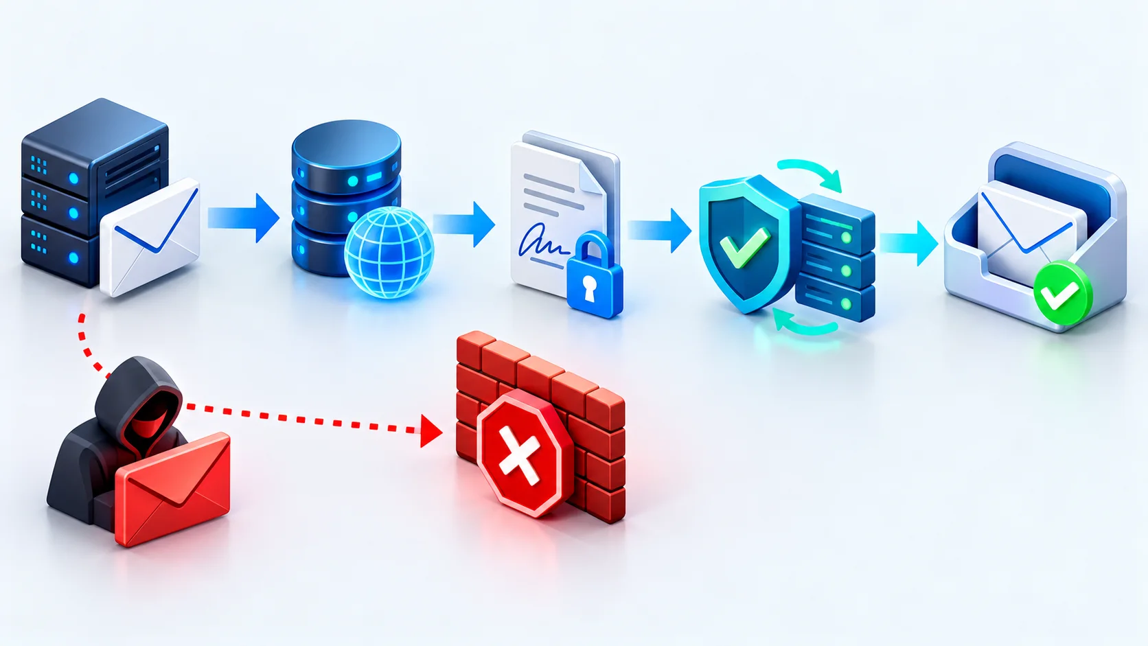 مسیر بررسی ایمیل با مجوز SPF، امضای DKIM و سیاست DMARC و توقف پیام جعلی